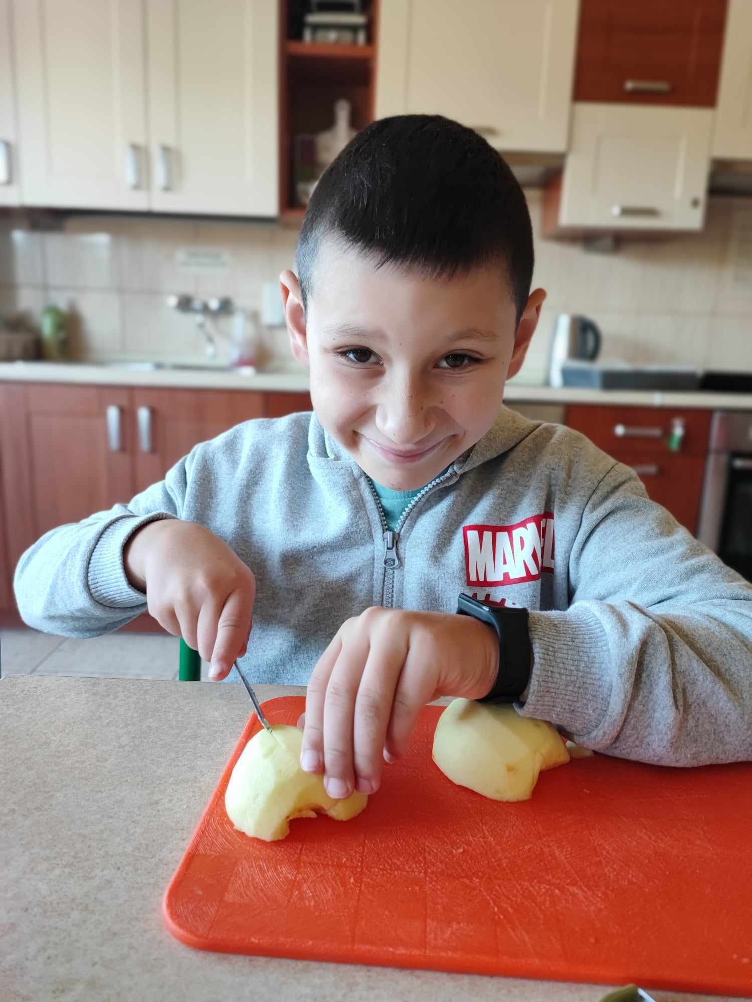 Na zdjęciu znajduje się chłopiec w szarej bluzie krojący nożem obrane jabłko.