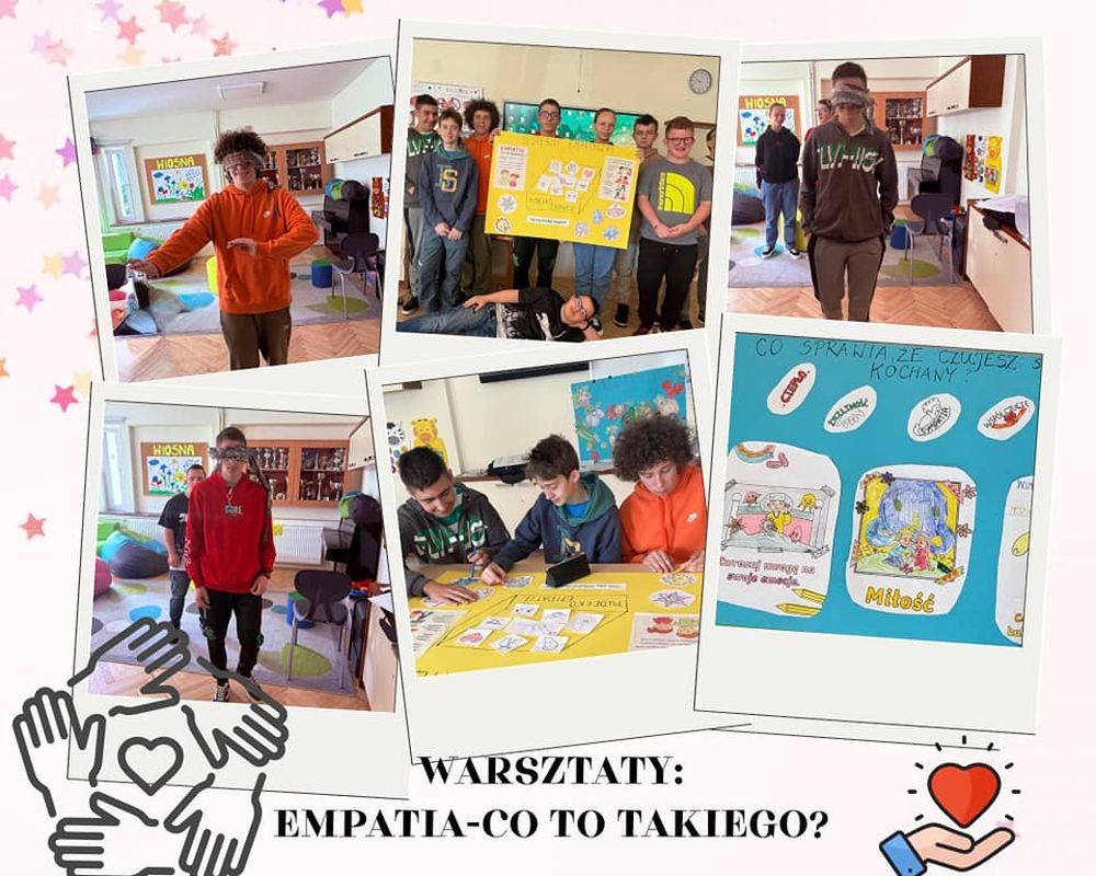 Kilka zdjęć, na których uczniowie stoją ze zrobionym na warsztatach plakatem oraz wykonują ćwiczenia z chustką na oczach.