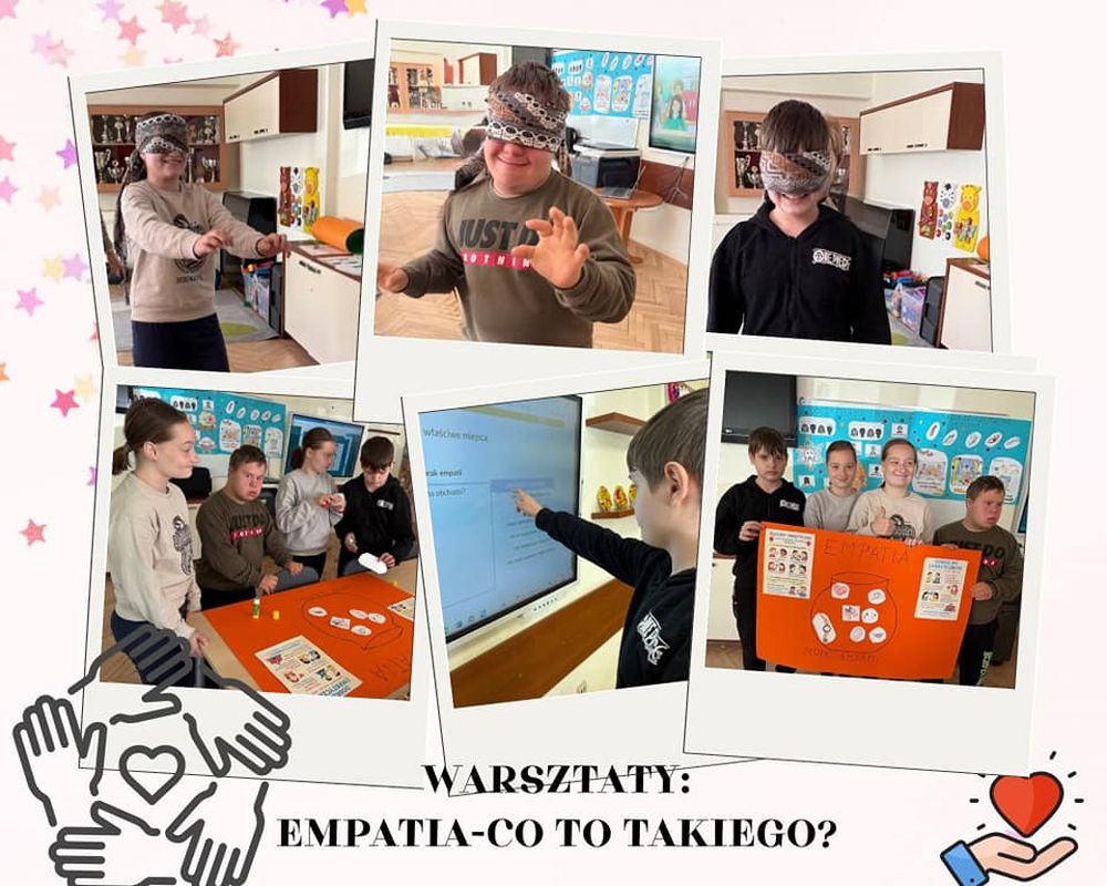 Kilka zdjęć, na których uczniowie stoją ze zrobionym na warsztatach plakatem, zaznaczają prawidłową odpowiedź na tablicy interaktywnej oraz wykonują ćwiczenia z chustką na oczach.