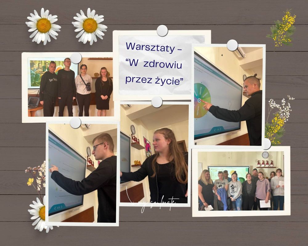 Kilka zdjęć uczniów na szarym tle, na których uczniowie zaznaczają prawidłowe odpowiedzi na tablicy interaktywnej dotyczących zdrowego odżywiania. Na środku napis "Warsztaty- W zdrowu przez życie".