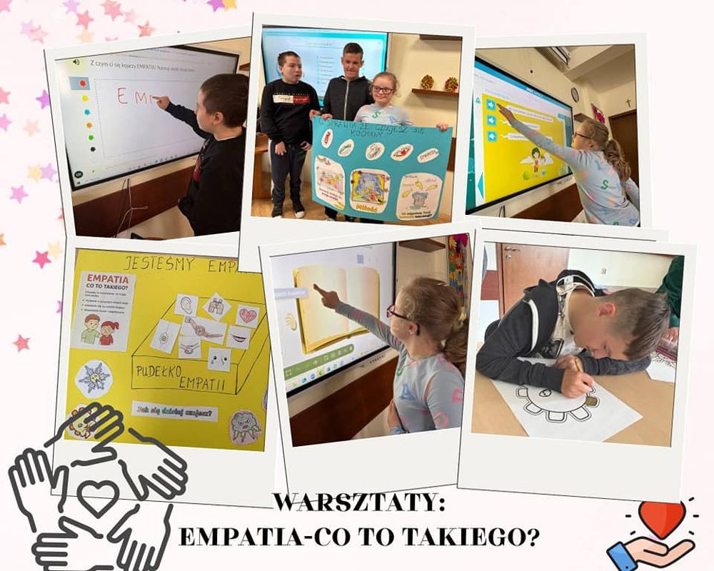 Kilka zdjęć, na których uczniowie stoją ze zrobionym na warsztatach plakatem, zaznaczają prawidłową odpowiedź na tablicy interaktywnej oraz wykonują ćwiczenia z chustką na oczach.