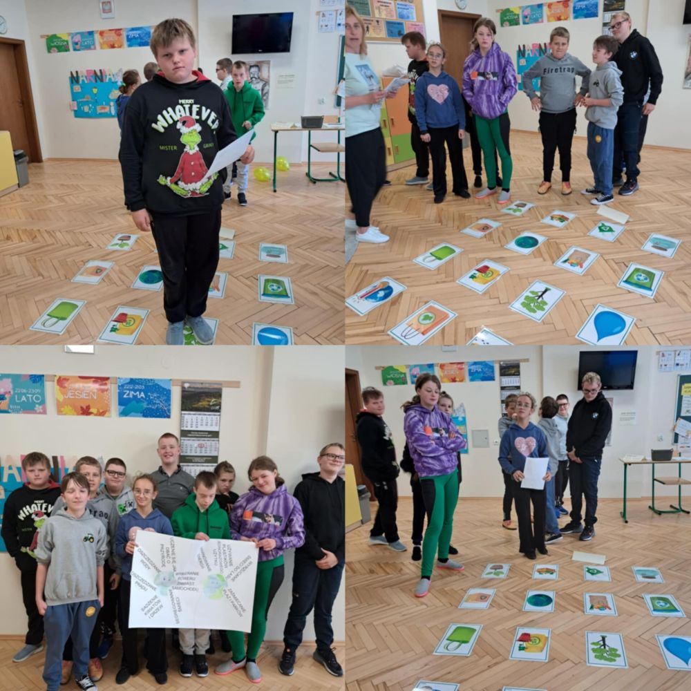 Kilka zdjęć, na których uczniowie trzymają w ręce plakat zrobiiony podczas warsztatów z okazji Dnia Ziemi oraz wykonują ćwiczenia związane z ochroną naszej planety.