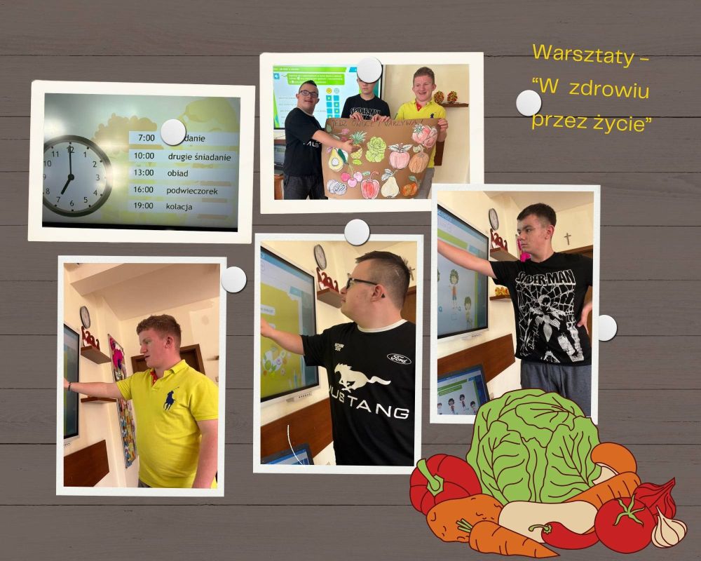 Kilka zdjęć uczniów na szarym tle, na których uczniowie zaznaczają prawidłowe odpowiedzi na tablicy interaktywnej dotyczących zdrowego odżywiania. Na górze z prawej strony napis "Warsztaty- W zdrowu przez życie".
