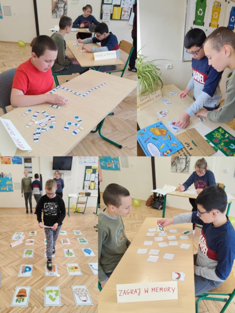Kilka zdjęć, na których uczniowie układają memory, segregują odpady i układają domino z okazji Dnia Ziemi.