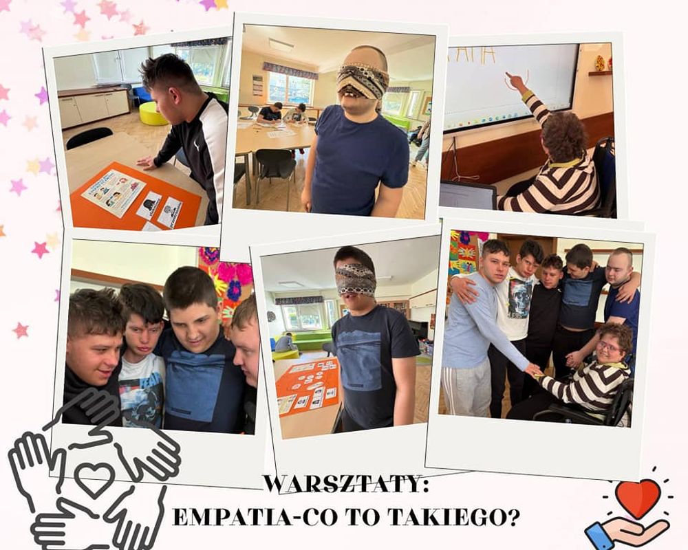 Kilka zdjęć, na których uczniowie stoją ze zrobionym na warsztatach plakatem, zaznaczają prawidłową odpowiedź na tablicy interaktywnej oraz wykonują ćwiczenia z chustką na oczach.
