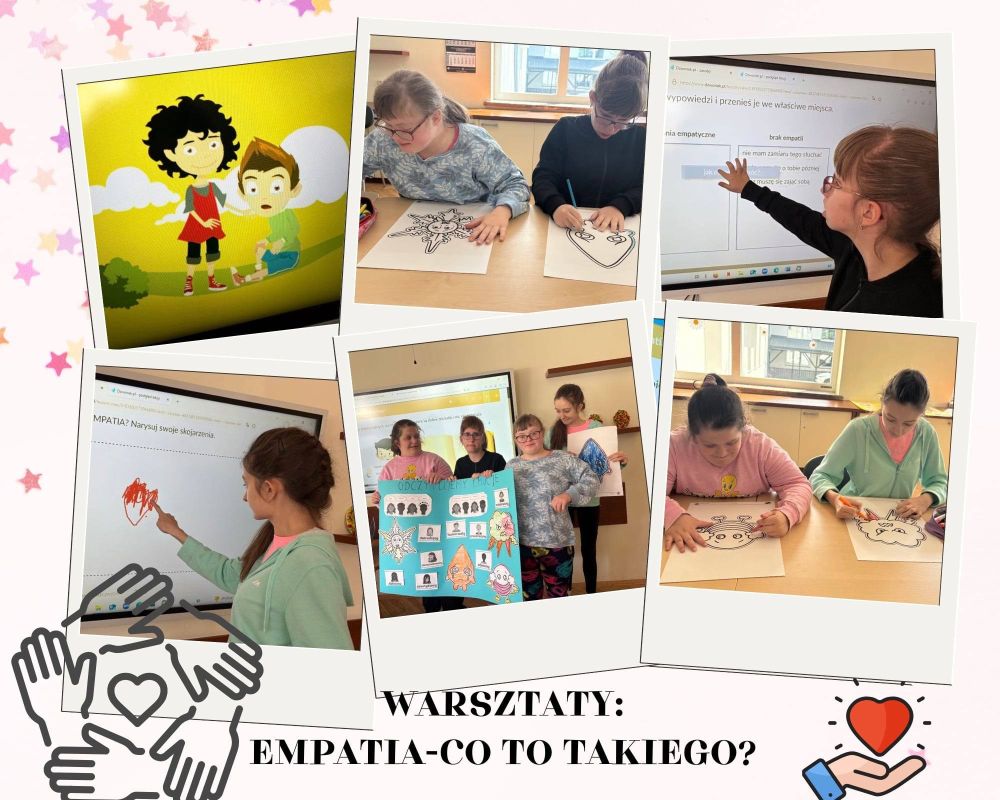 Kilka zdjęć, na których uczniowie stoją ze zrobionym na warsztatach plakatem, zaznaczają prawidłową odpowiedź na tablicy interaktywnej oraz wykonują ćwiczenia z chustką na oczach.