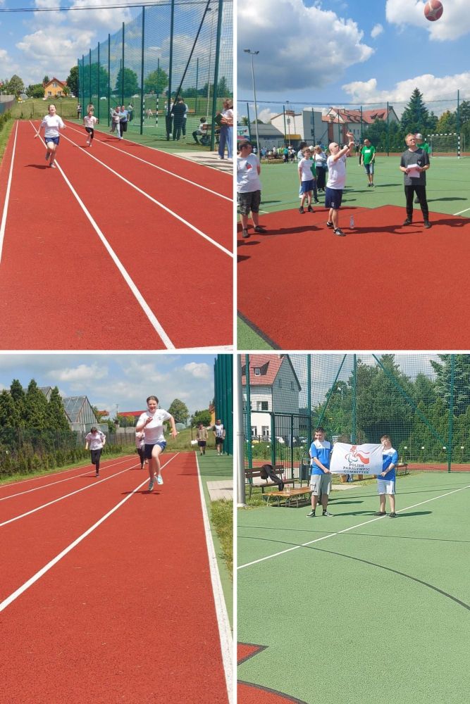4 zdjęcia, na których uczniowie biegną po pomarańczowym torze ubrani w białe stroje sportowe.