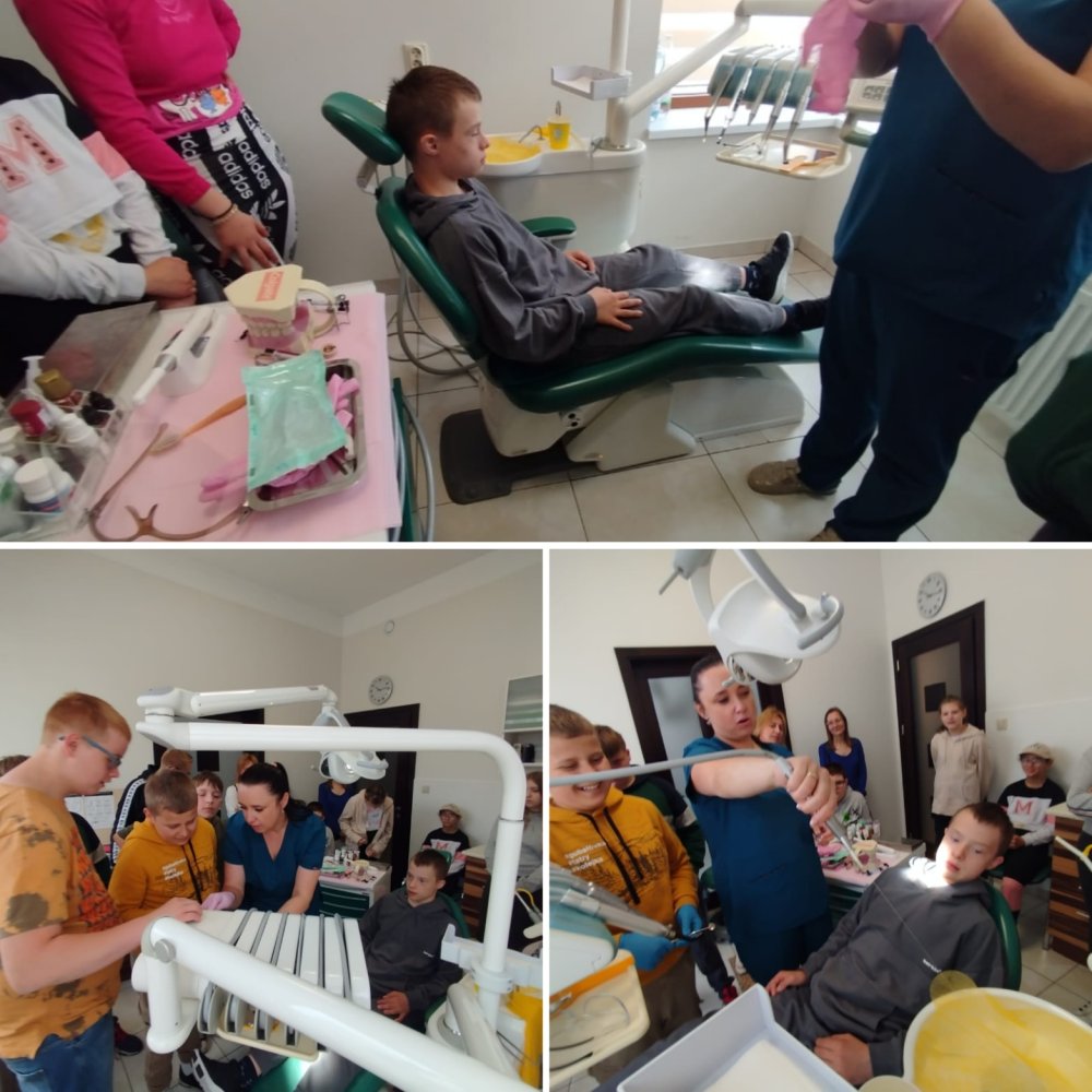 3 zdjęcia, na których grupa uczniów zapoznaje się ze sprzętem dentystycznym oraz jeden z uczniów leży na fotelu stomatologicznym.