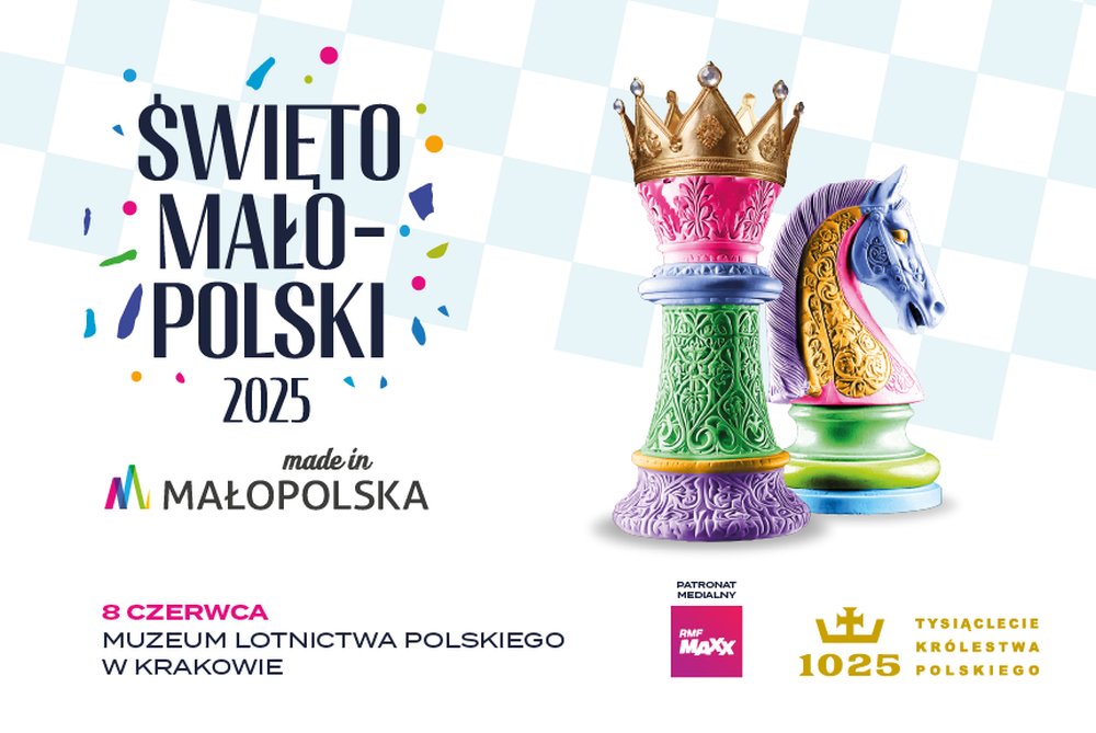 Plakat z napisem Święto Małopolski 2025, z prawej strony kolorowa królowa i koń szachowy.