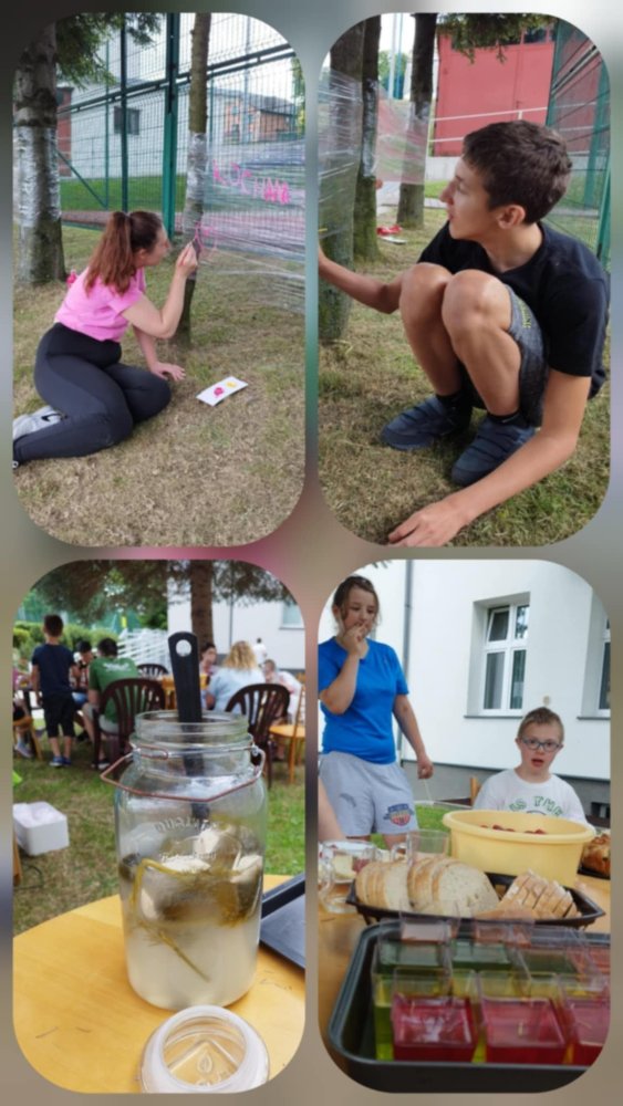 2 zdjęcia, na których wychowana i wychowanek internatu malują farbami na przezroczystej folii oraz 2 zdjęcia, na których wychowankowie siedzą przy zastawionych stolikach.